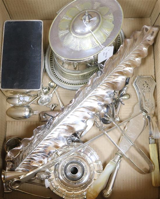 A rectangular silver cigarette box and various plated items, including a leaf-shaped cucumber dish